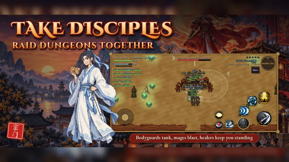 Outlaw Immortals store screenshot: a party of disciples fighting a dungeon boss.
